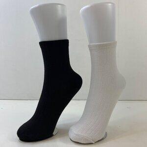 Womens Crew  Socks Set 2 Solid Ribbed Cuffs Black White